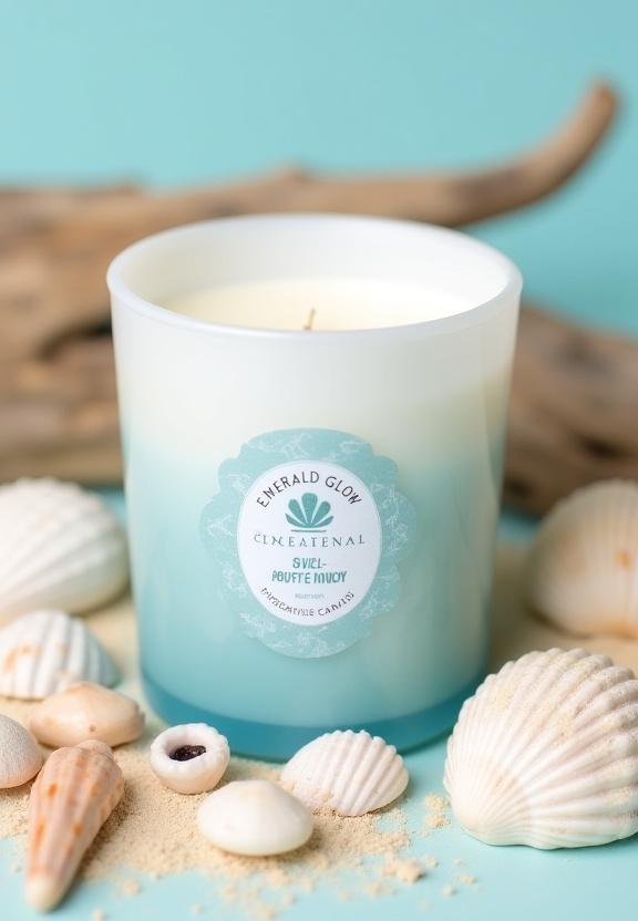 Wild Atlantic candle with seashells and beach elements.
