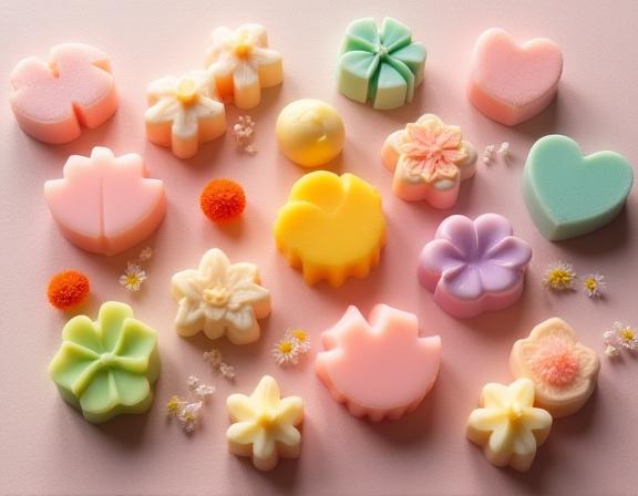A collection of artisanal wax melts in various shapes and scents.